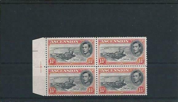 ASCENSION IS 1938-53 1½d VERMILION PERF 13 BLK OF 4 ONE WITH DAVIT FLAW MNH 