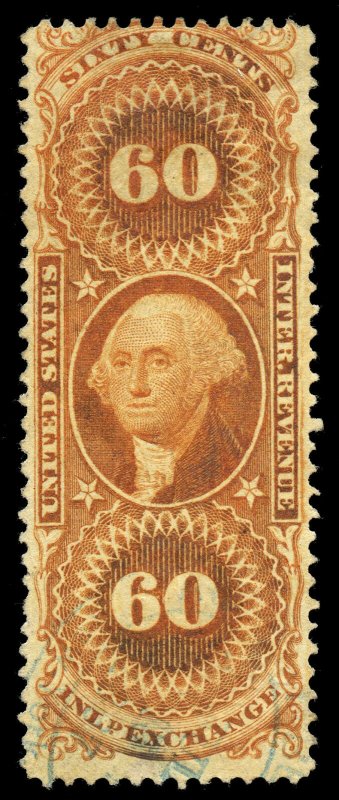 B369 U.S. Revenue Scott R64c 60-cent Inland Exchange, faint blue handstamp cxl