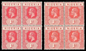 Nigeria 1914 KGV 1d in the two listed shades in blocks of 4 superb MNH. SG 2,2a.