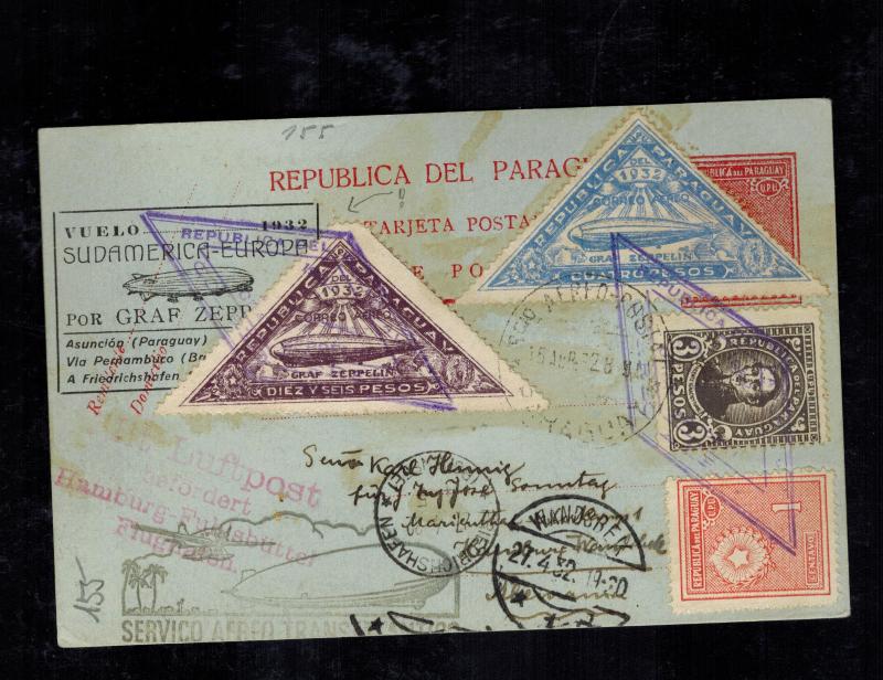 1932 Paraguay LZ 127 Graf Zeppelin Postcard Cover to Hamburg Germany