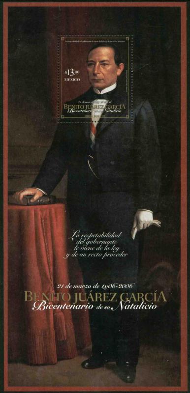 MEXICO 2520, BENITO JUAREZ, 200th BIRTH ANNIVERSARY, SOUVENIR SHEET. MINT, NH VF