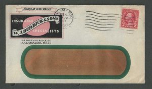 1937 Kalamazoo Mi W J Burdick & Sons Insurance W/Fancy Corner Card