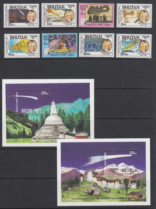 Bhutan Sc 564-573 MNH. 1986 Halley's Comet, cplt set, stamps & souv sheets, VF