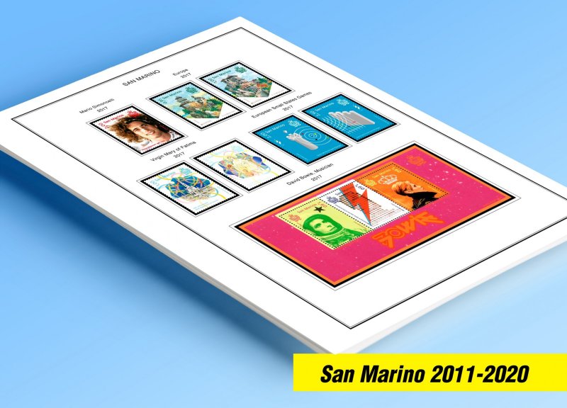 COLOR PRINTED SAN MARINO 2011-2020 STAMP ALBUM PAGES (58 illustrated pages)