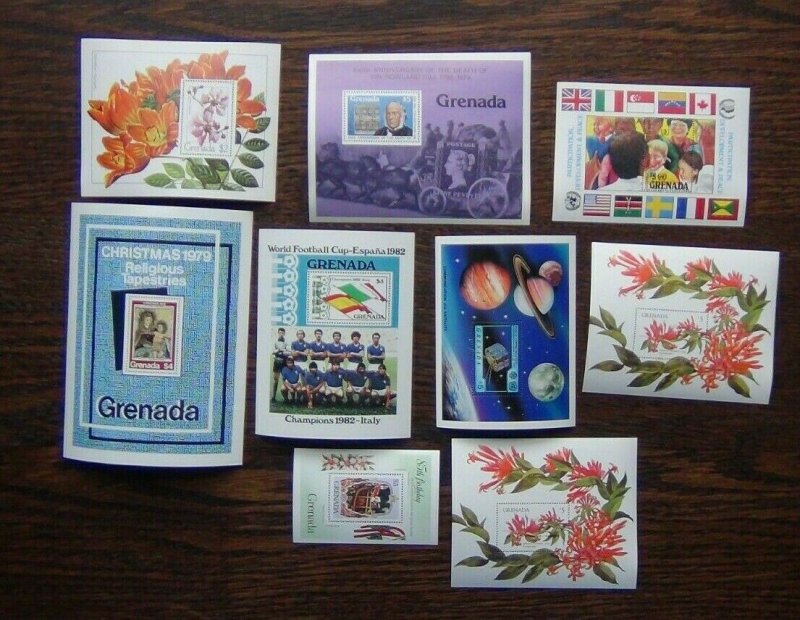 Grenada 9 x M/S 1979 1985 Flowers Football UPU Queen Mother Youth R Hill etc MNH