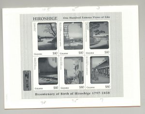 Guyana #3189-3191 Hiroshige Art M/S of 6 & 2v S/S Black Imperf Chromalin Proofs