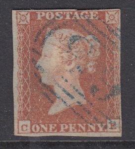 SG 8 1d Red Brown lettered CE, Very fine used with a Blue Numeral. 4 margins  