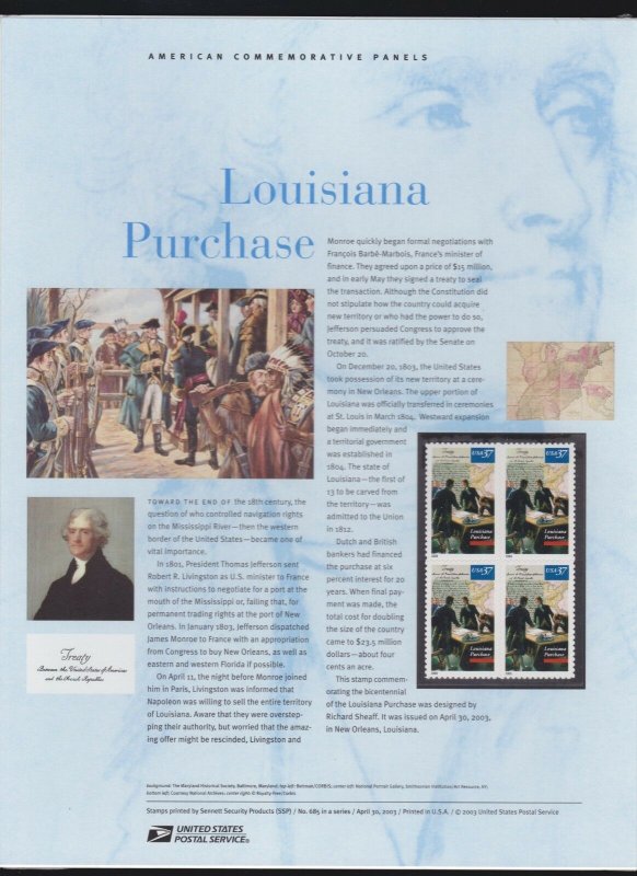 US USPS American Commemorative Stamp Panel #685 (37c) Louisiana Purchase #3782