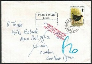 TRISTAN DA CUNHA 1997 Returned postage due cover to ZAMBIA.................77408
