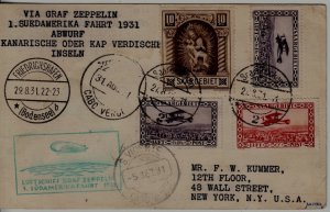 Saar/Germany/Cabo Verde Zeppelin card 27.8.31 signed Sieger