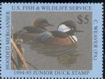 US Stamp #JDS2 MNH - VERY RARE - Pair of Hooded Merganser 1994 Junior Duck Stamp