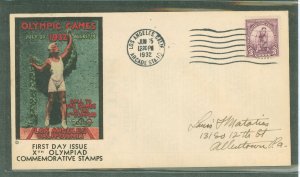 US 718 1932 3c Runner/summer olympics (single) on an addressed first day cover with a Bennet color cachet.