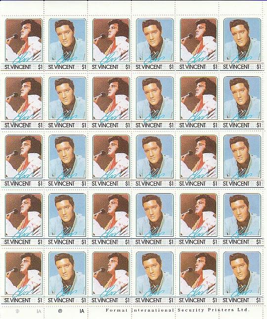 #874-77 a-b St. Vincent Mint OGNH sheets of 30 Elvis Presley