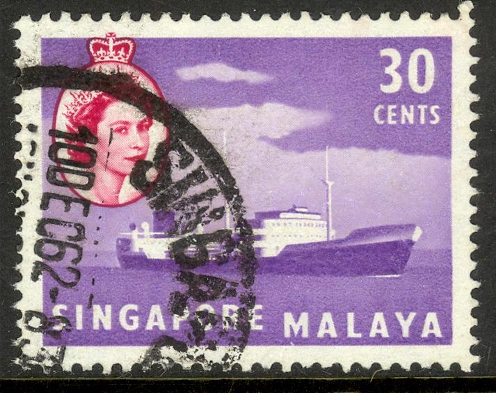 SINGAPORE 1955 QE2 30c OIL TANKER Pictorial Issue Scott No. 38 VFU