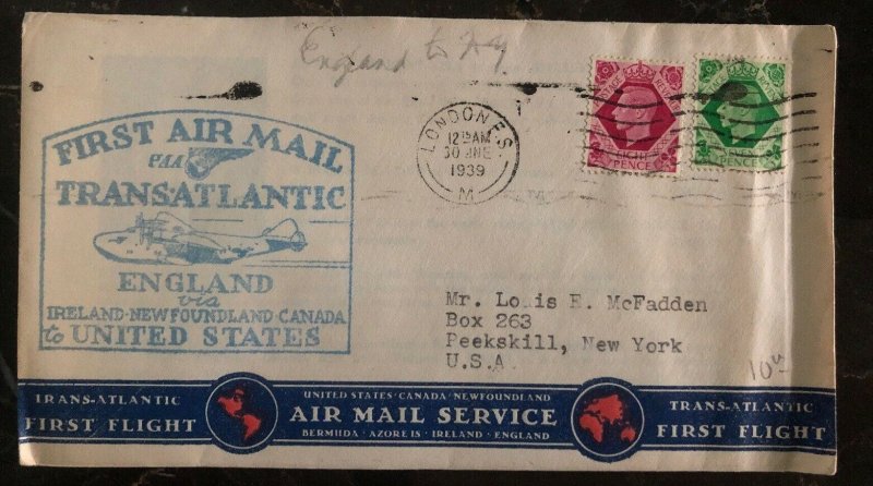 1939 London England First Flight Transatlantic Cover To Peekskill NY USA