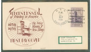 US 857 1939 3c printing press, 300th anniversary of printing in the usa, single on an addressed fdc with a george norman cachet