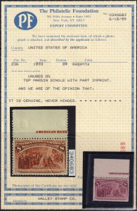 #236 Mint NH, XF, PF cert #0340683, gradeable?, top margin imprint single (CV...