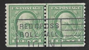 490 1 cent SUPERB SLOGAN Washington, Green Line Pair Stamp used VF