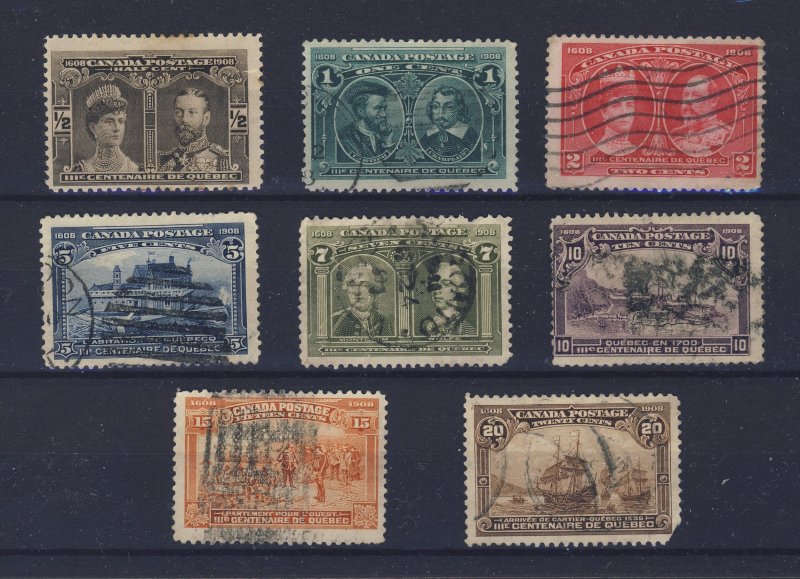 8x Canada 1908 Quebec Used Stamps #96-1/2c to #103-20c Guide Value = $450.00