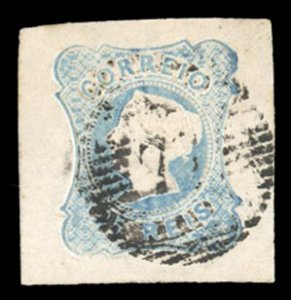 Portugal #2 Cat$32.50, 1853 25r blue, used, wide margins