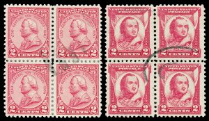 Scott 689,690 2c Red Issues Used Blocks of Four VF Cat $3.00