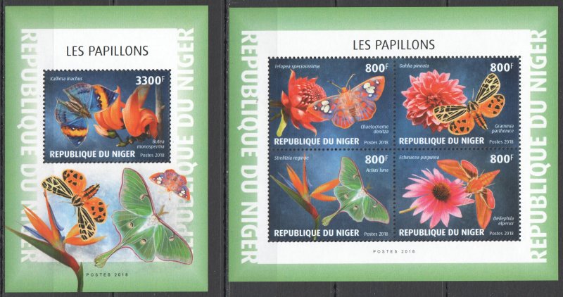 HM1839 2018 NIGER BUTTERFLIES FLOWERS FAUNA INSECTS #6120-3+BL926 MNH