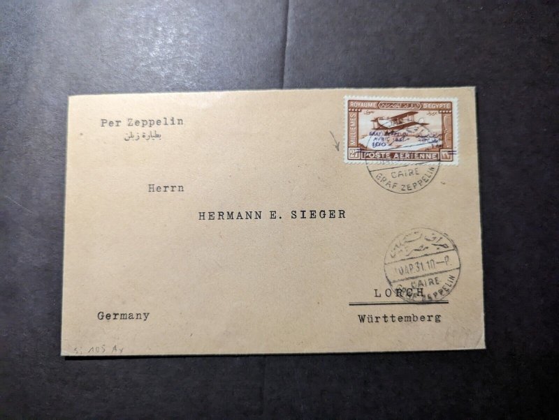 1931 Egypt Airmail LZ 127 Graf Zeppelin Cover Cairo to Lorch Wurtt Germany