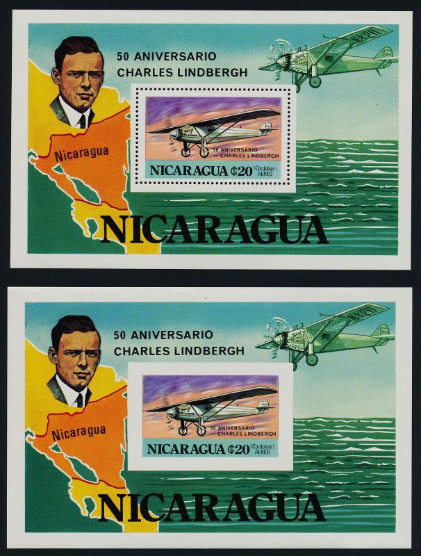 Nicaragua C930 perf + imperf MNH Charles Lindbergh, Spirit of St Louis, Map