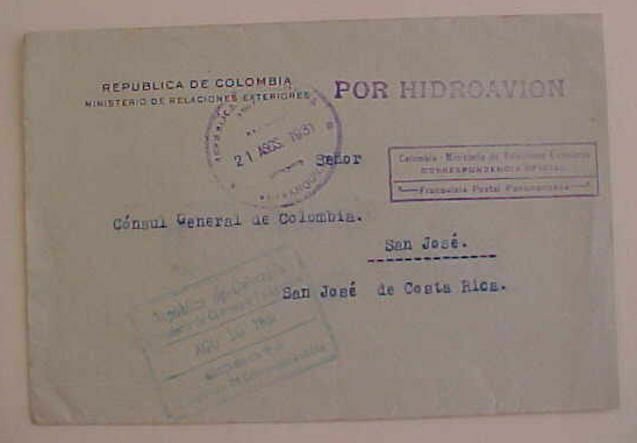 COLOMBIA  TO CONSUL COTA RICA 1931 HIDROAVION BOGATA VIA BARANQUILLA 