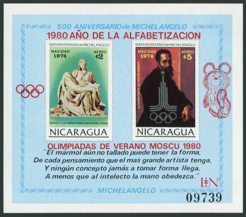 Nicaragua Michel 2128 Bl.118,MNH. Michelangelo.Olympics Lake Placid,Moscow-1980.