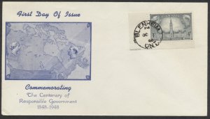 1948 #277 Responsible Govt FDC Blue Map Cachet Blenheim ONT CDS