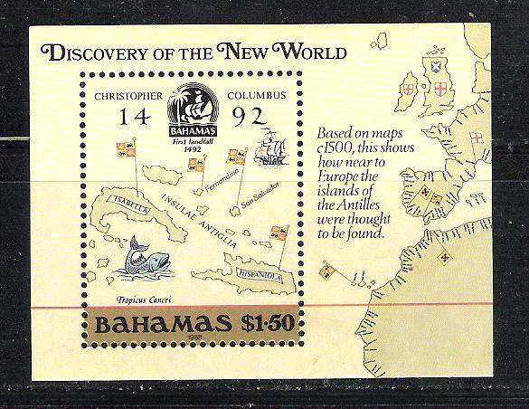 Bahamas 644 MNH S/S Disc. of America; Map circa 1492 scv $12