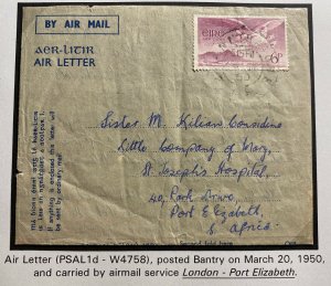 1950 Bantry Ireland Air Letter Cover To Port Elizabeth south Africa