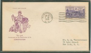 US 835 1938 3c Radification of the Constitution/150th anniversary on an addressed (typed) FDC with a Fidelity cachet.