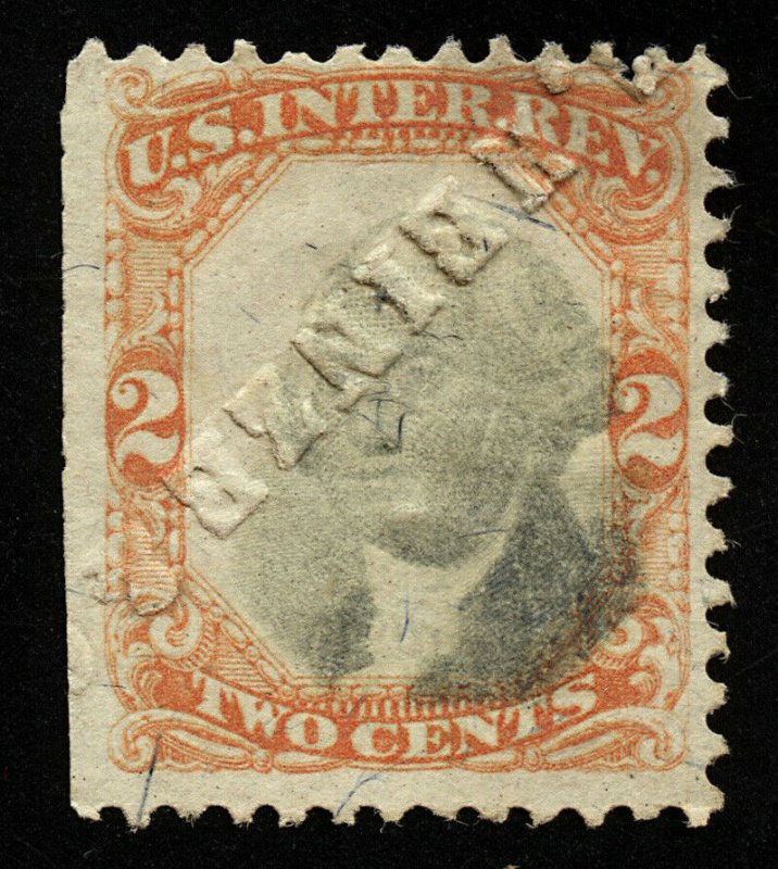 B701 U.S. Revenue Scott #R135 2c orange & black, hammered embossed cancel