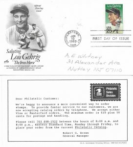 1989 FDC, #2417, 25c Lou Gehrig, Art Craft