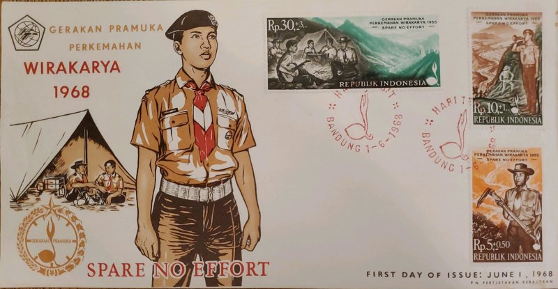 O) 1968 INDONESIA, SCOUTS, WIRAKARYA, BUGLER, SINGING AROUND CAMPFIRE, FDC XF