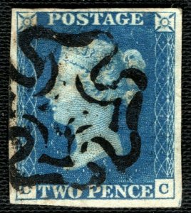 GB 1840 TWO PENCE BLUE QV SG.5 2d Plate 2 (CC) XFU Used Full MX c£1,000+ GRED10