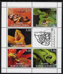 KARAKALPAKIA - 1999 - Snakes, Stamp Exhib -Perf 5v Label Sheet-Mint Never Hinged