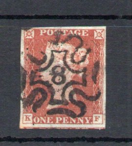 1841 1d RED IMPERF 'KF' FINE USED 4 MARGINS WITH NUMBER 8 IN MALTESE CROSS