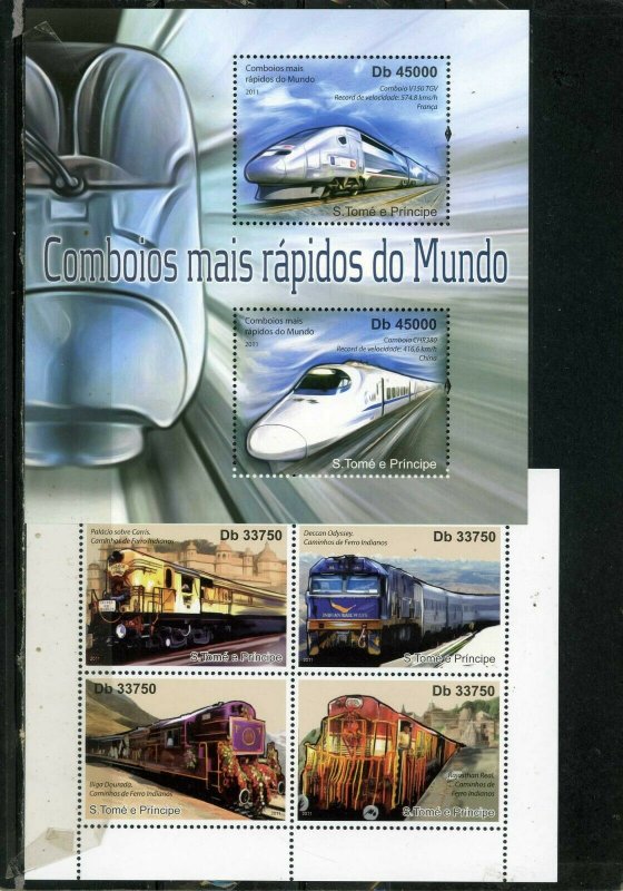 ST.THOMAS & PRINCE ISLANDS 2011 LOCOMOTIVES/TRAINS 2 SHEETS OF 2 & 4 STAMPS MNH 