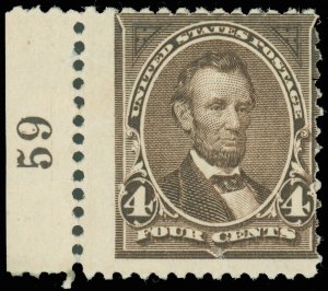 US Scott #254, 4¢ LINCOLN PL# Single, Mint-Fine-NH, SCV $550.00, Nice!