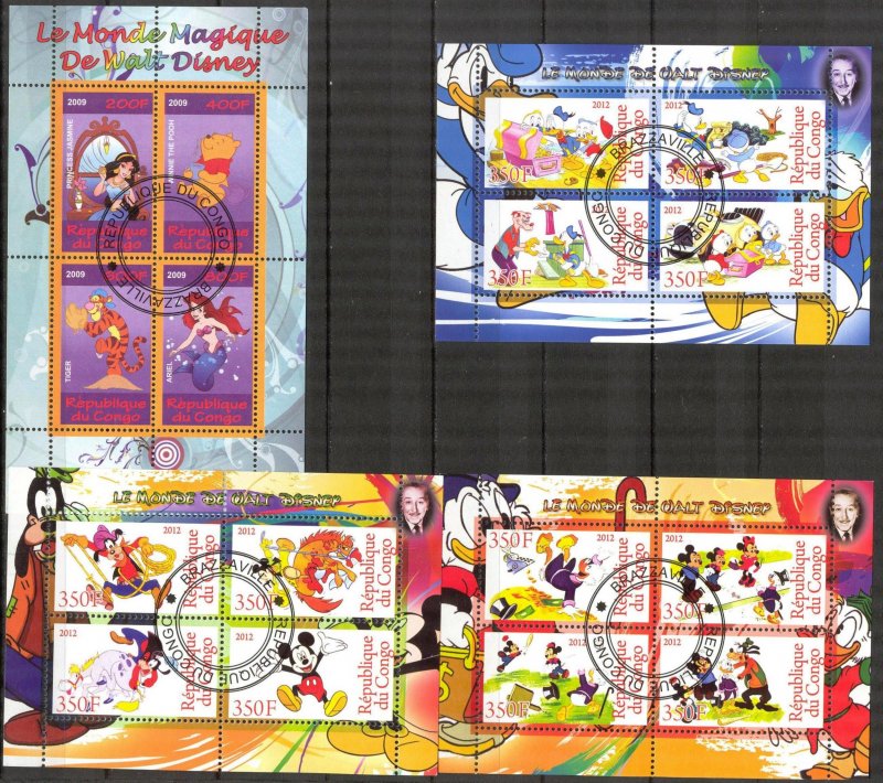 {g132} Chad 2009 2012 W. Disney 4 sheets Used / CTO Cinderella