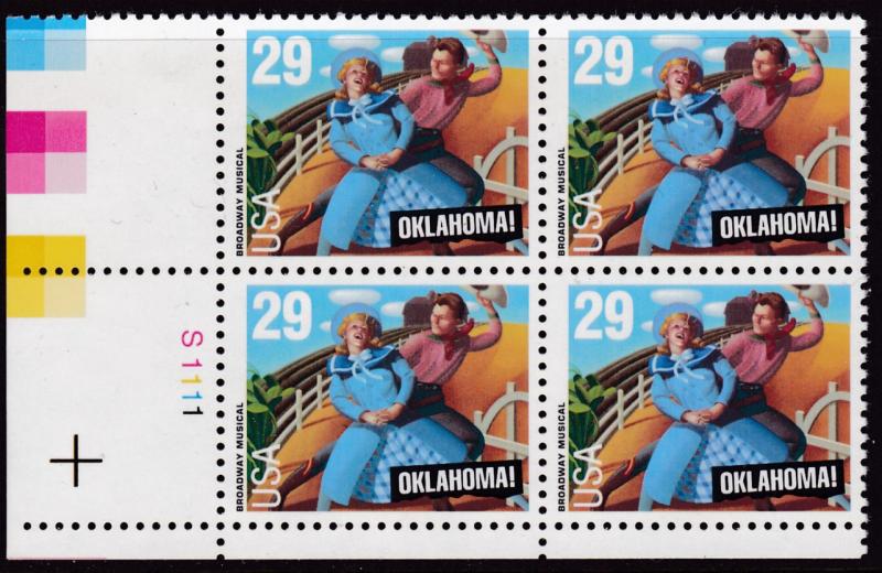 United States 1994 29c American Music Oklahoma  Plate Number Block VF/NH