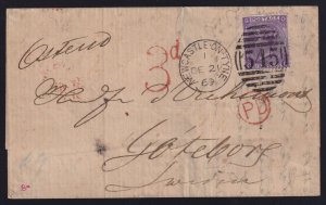 Great Britain 1869 Newcastle to Goteborg Sweden 6d Mauve Folded Cover FL