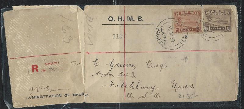 NAURU (P2612B) 1929 SHIP 1/2D+5D REG FROM NAURU TO USA  VERY NICE