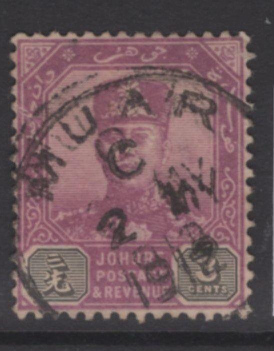 MALAYA JOHORE SG80a 1910 3c DULL PURPLE & OLIVE-BLACK WMK HORIZONTAL USED