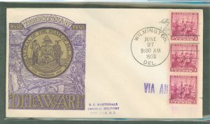 US 836 1938 3c Delaware Tercentenary (strip of three) on an addressed (handstamp) first day cover.