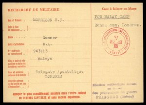 UK 1943 Singapore Malaya Japanese POW Camp Red Cross Cover Catholic Switz G89610