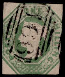 GB QV SG55, SCARCE 1s green CUT SQUARE, USED. Cat £1000.